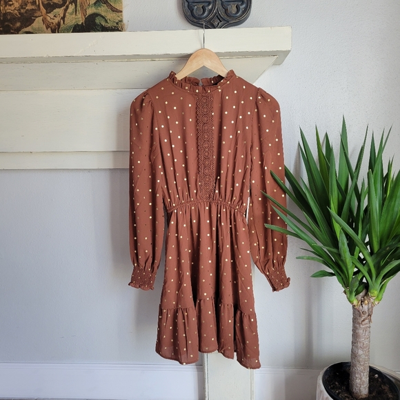 NWT SWEET WANDERER  Brown and Gold Polka Bohemian Dress - Picture 3 of 14